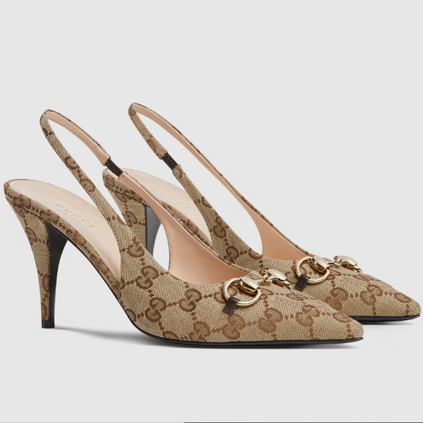 Gucci Bouncing Women’s Slingback Pump With Horsebit | Beige & Ebony GG Canvas Heels