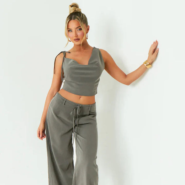 Ellen Grey Asymmetric Cowl Neck Top