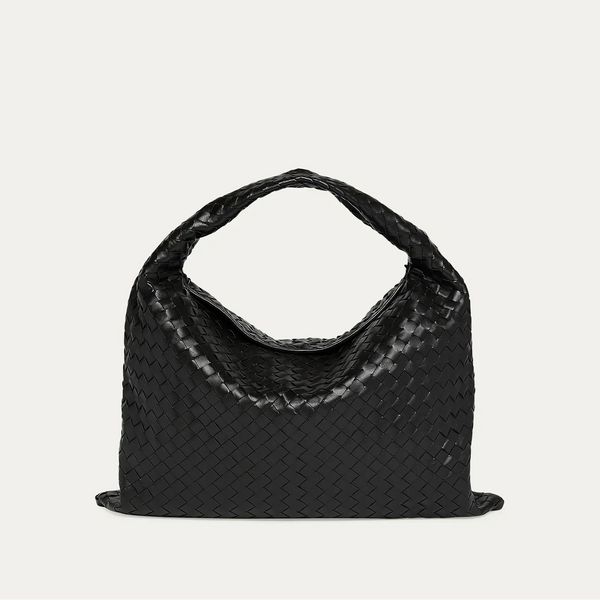 Bottega Large Hop Shoulder Bag Black Leather With Gold Hardware Stylish Everyday Essential - BEAUTY BAR