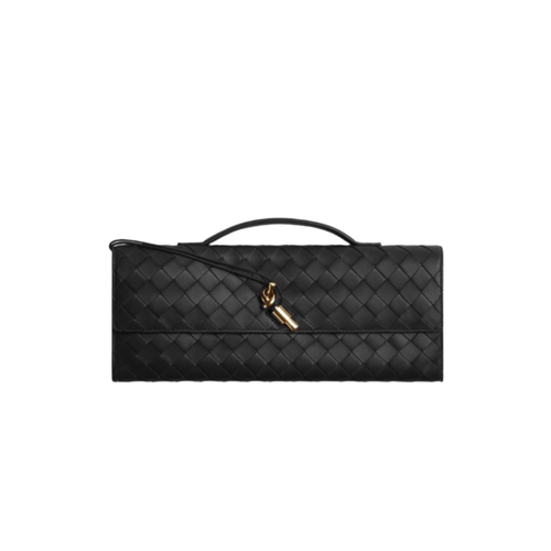 Bottega Veneta Andiamo Clutch – Black Intrecciato Leather With Brass Knot Modern Icon of Italian Craftsmanship