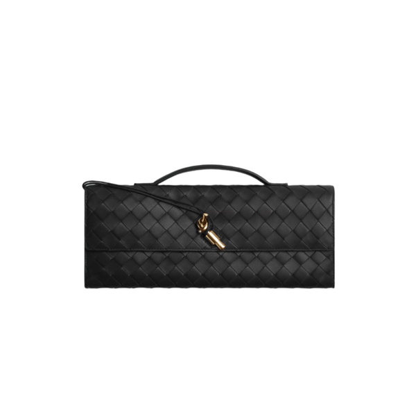 Bottega Veneta Andiamo Clutch – Black Intrecciato Leather With Brass Knot Modern Icon of Italian Craftsmanship - BEAUTY BAR