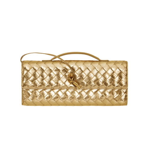 Bottega Veneta Andiamo Clutch Metallic Gold Leather with Knotted Strap Modern Italian Luxury