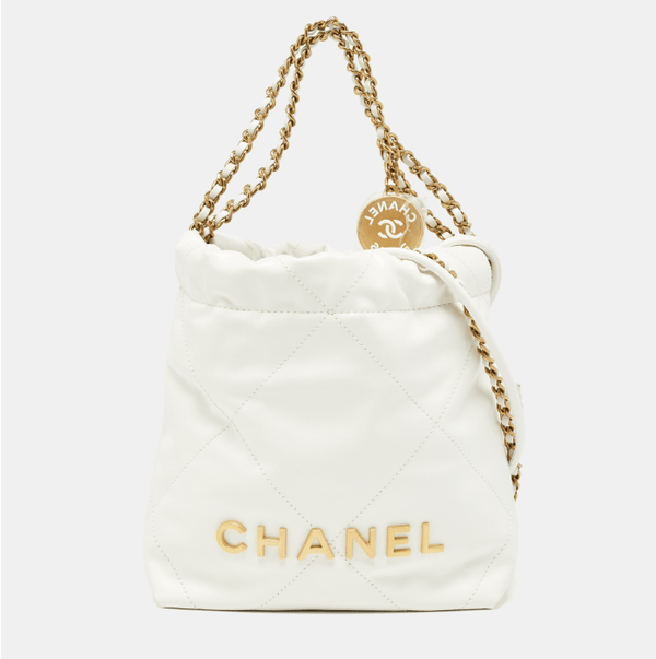 Chanel 22 Mini Handbag Shiny Calfskin, Gold - Tone & Lacquered Metal White - BEAUTY BAR