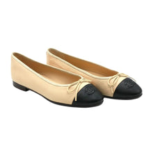 Chanel Beige/Black Leather CC Bow Cap Toe Ballet Flats
