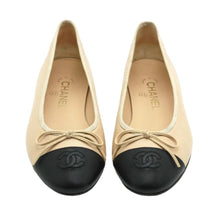 Chanel Beige/Black Leather CC Bow Cap Toe Ballet Flats