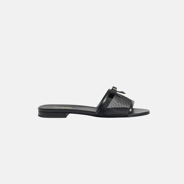 Chanel Black Mesh Bow Mules With A Delicate Bow And The Iconic Gold-Tone CC Logo - BEAUTY BAR