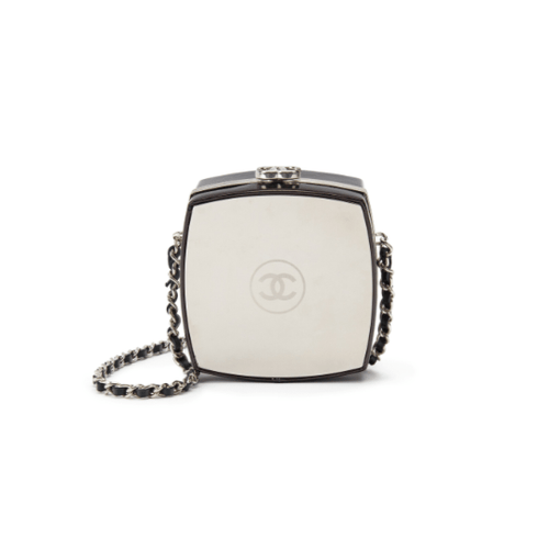 Chanel Black Patent Leather and Silver Mirror Minaudière Silver Hardware