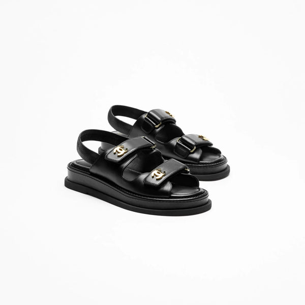 Chanel Black Sandals With Gold-Tone Metal CC Logo - BEAUTY BAR