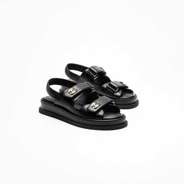 Chanel Black Sandals With Gold-Tone Metal CC Logo