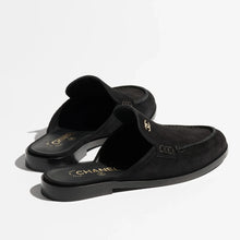 Chanel Black Suede Loafer Mules With Gold CC Logo