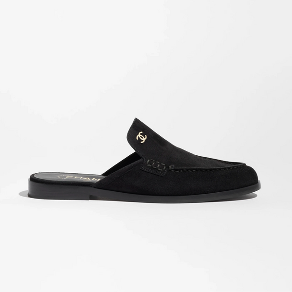 Chanel Black Suede Loafer Mules With Gold CC Logo