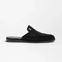Chanel Black Suede Loafer Mules With Gold CC Logo