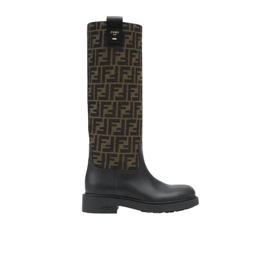 Fendi Filo Black Leather and Brown FF Fabric Boots