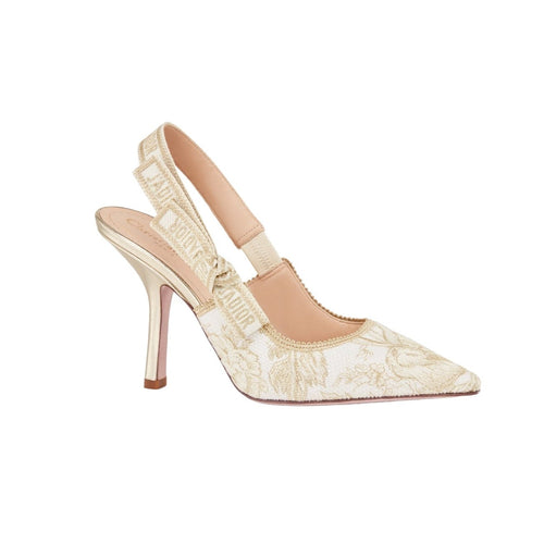 J'Adior Slingback Pump White And Gold-Tone Cotton Embroidered Heels