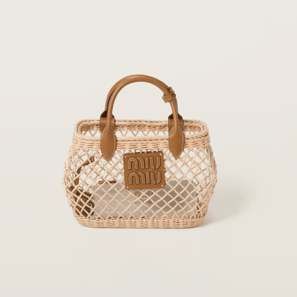 Miu Miu Woven Fabric Handbag With Leather Trim Tan/Caramel - BEAUTY BAR