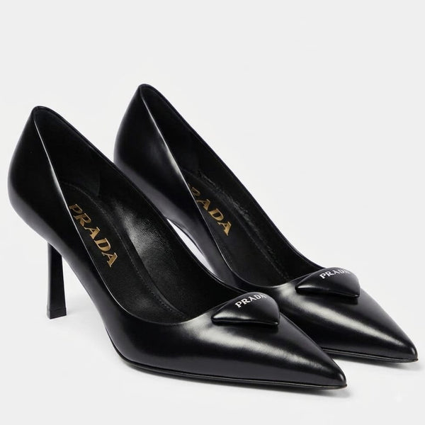 Prada Black Leather Heels Pumps Featuring a Distinctive Padded Triangle Logo - BEAUTY BAR