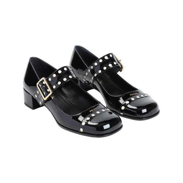 Prada Block Heel Round Toe Patent Finish Studded Detail In Black - BEAUTY BAR