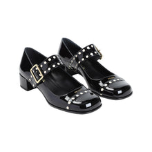 Prada Block Heel Round Toe Patent Finish Studded Detail In Black - BEAUTY BAR