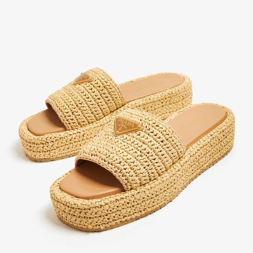 Prada Crochet Flatform Slides Natural