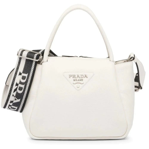 Prada Large Logo Plaque Tote Bag Off White