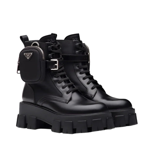 Prada Monolith Brushed Leather And Nylon Boots With Pouch
