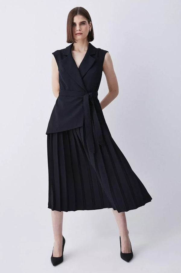 Karen Millen Petite Military Pleat Sleeveless Midi Dress Black