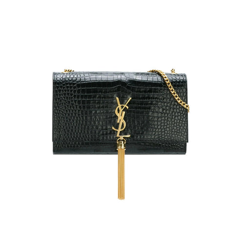 Yves Saint Laurent Black Croc Embossed Leather Medium Kate Tassel Shoulder Bag