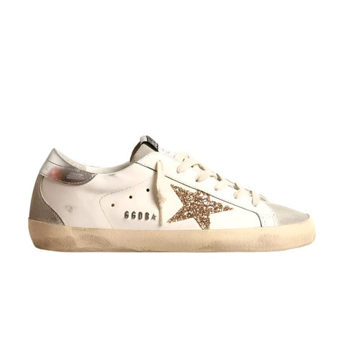 Golden Goose Super-Star With Gold Glitter Star And Ice-Gray Suede Inserts