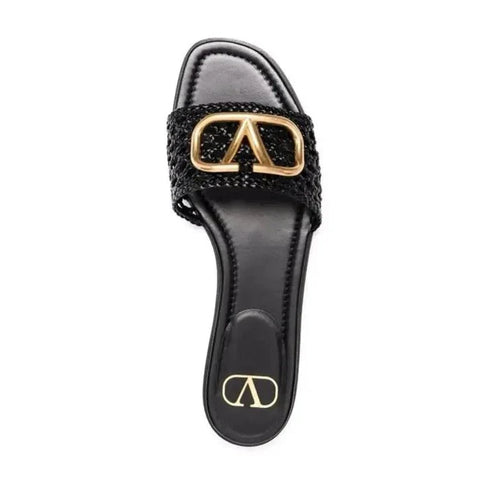 Valentino Garavani V Logo Signature Slides in Nero Black Leather Sandal