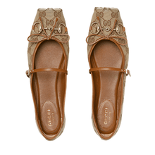 Women's Gucci Horsebit Ballet Flat Beige and Dark Brown GG Canvas - BEAUTY BAR